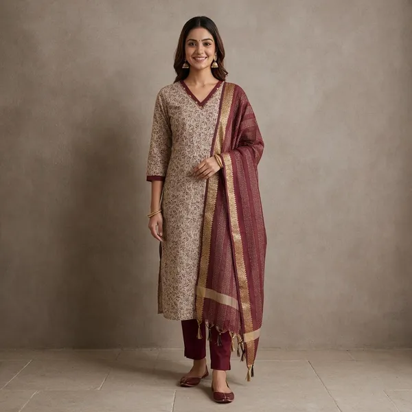 Beige_Handloom_Cotton_Printed_Kurta_Set_For_Women