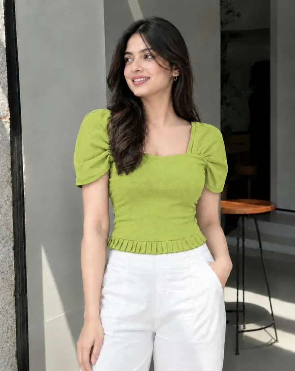 Green_Puff_Sleeve_Fitted_Top_for_Women