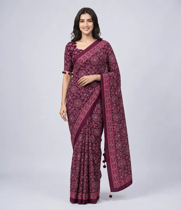 Maroon_Printed_Saree_With_Tassel_Detailing_for_Women
