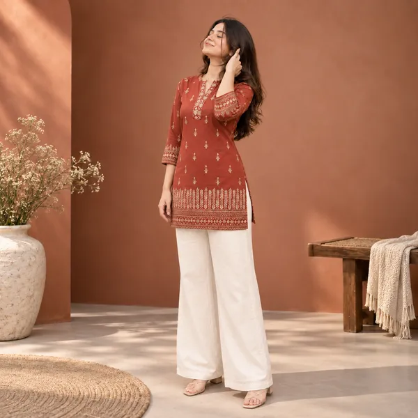 Rust_Poly_Dabu_Cotton_Printed_Straight_Kurta_For_Women