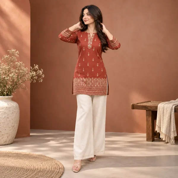 Rust_Poly_Dabu_Cotton_Printed_Straight_Kurta_For_Women