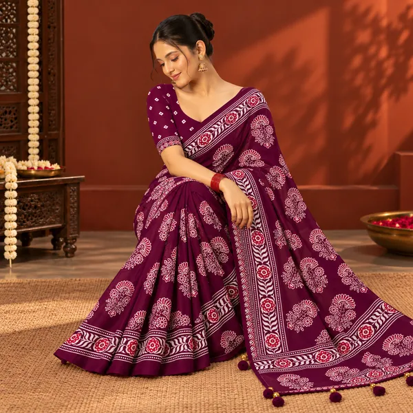 Maroon_Floral_Print_Saree_For_Women