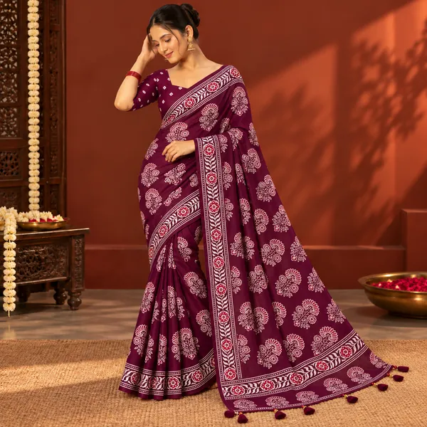 Maroon_Floral_Print_Saree_For_Women