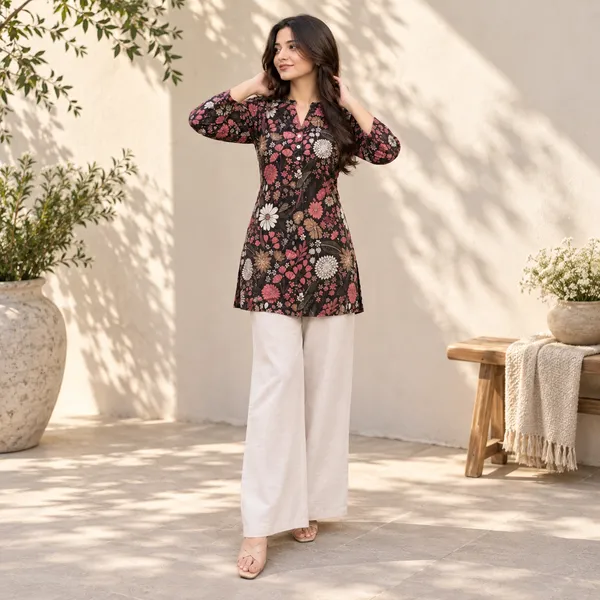 Black_Bamboo_Silk_Floral_Printed_Straight_Kurti_For_Women