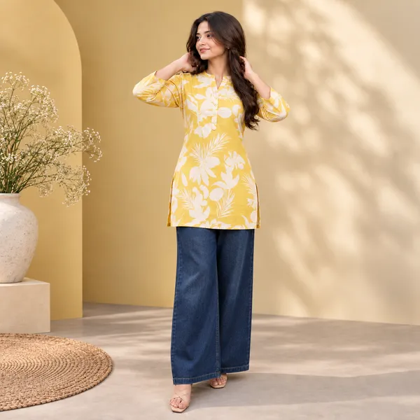 Yellow_Bamboo_Silk_Floral_Print_Short_Top_For_Women