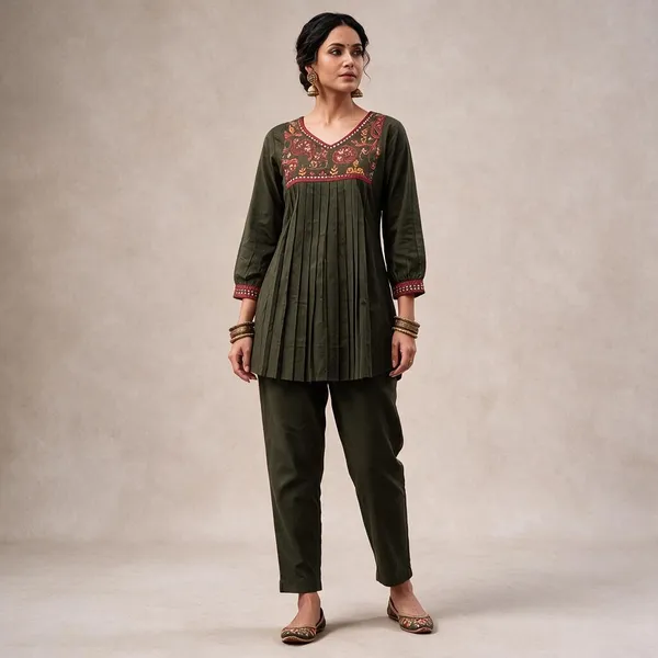Olive_Pure_Dabu_Cotton_Embroidered_Kurta_Pant_Set_For_Women
