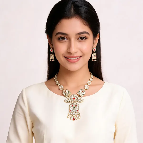 Gold_Metal_Alloy_Floral_Geometric_Traditional_Necklace_Set_For_Women