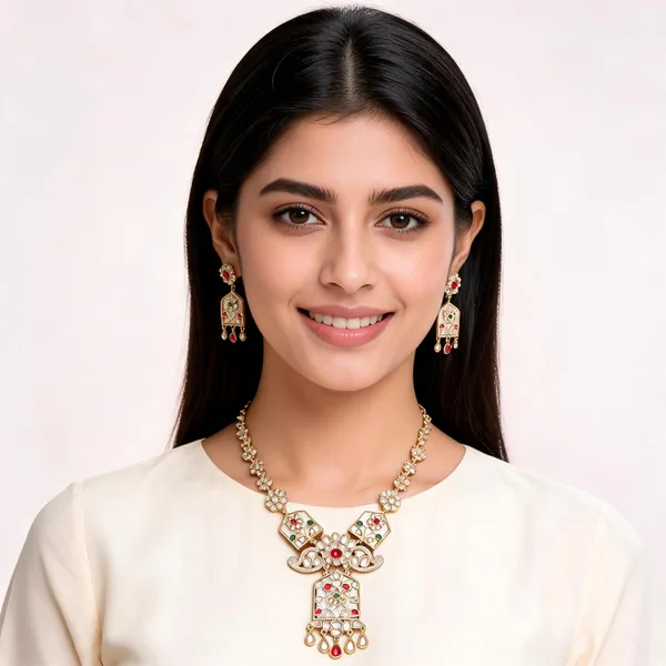 Gold_Metal_Alloy_Floral_Geometric_Traditional_Necklace_Set_For_Women