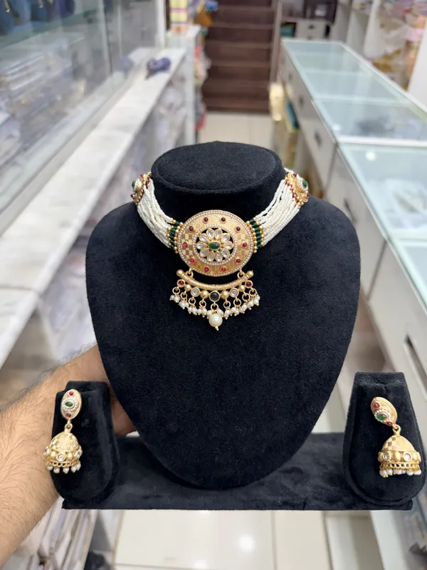 Gold_Metal_Alloy_Beaded_Choker_Stone_Accent_Necklace_Set_For_Women