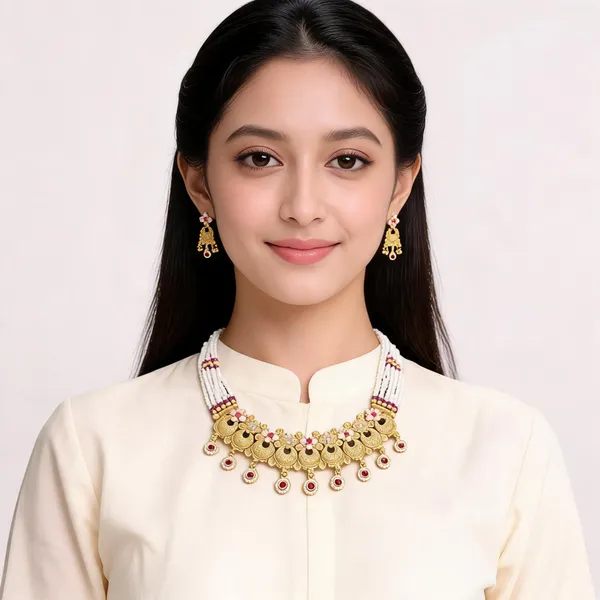 Gold_Metal_Alloy_Beaded_Floral_Traditional_Necklace_Set_For_Women