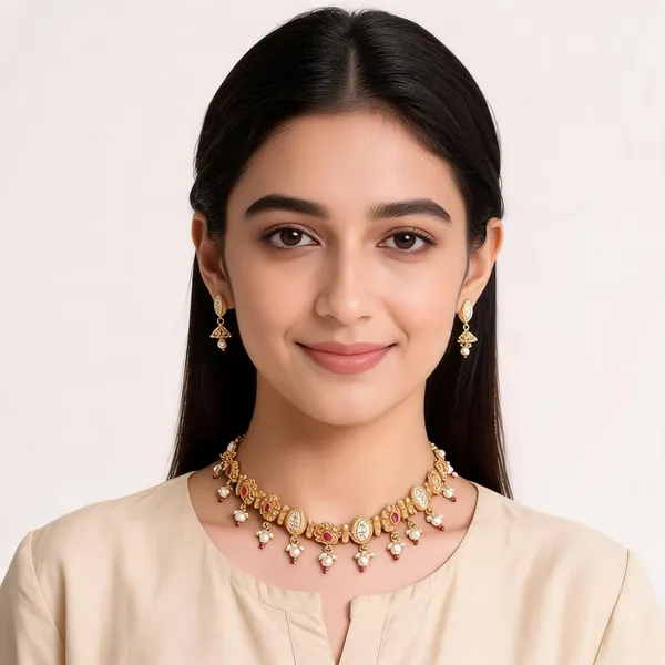 Gold_Metal_Alloy_Floral_Pearl_Drop_Statement_Necklace_Set_For_Women