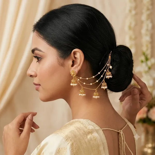 Gold_Metal_Alloy_Pearl_Drop_Layered_Ear_Chain_Set_For_Women