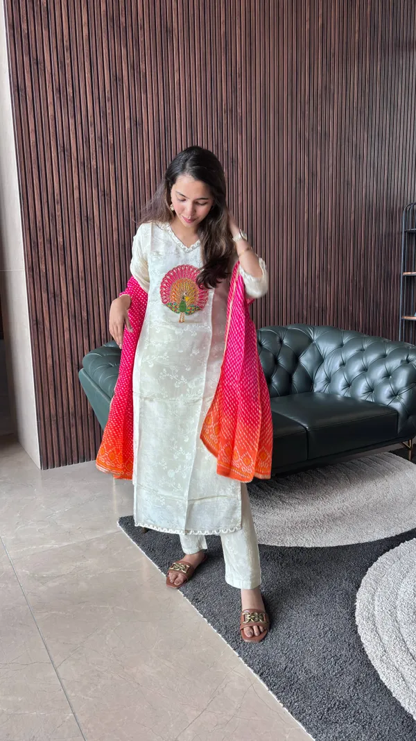 Cream_Jacquard_Kurti_Set