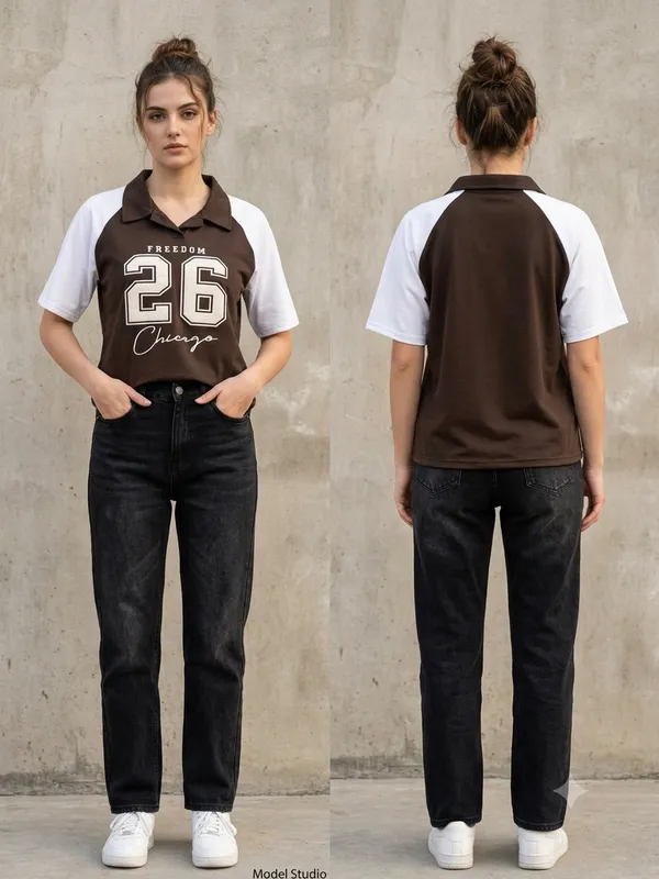 Brown_Contrast_Panel_Polo_T-Shirt_for_Women