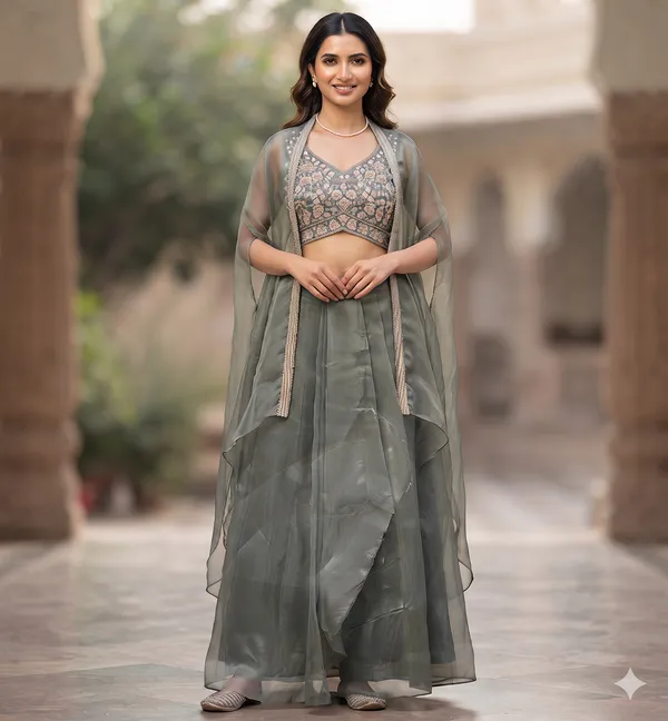 Enchanting_Sage_Green_Shimmer_Cape_&_Blouse_Set