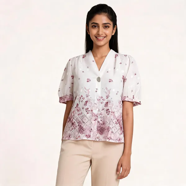 White_Cotton_Floral_Printed_Short_Sleeve_Blouse_For_Women