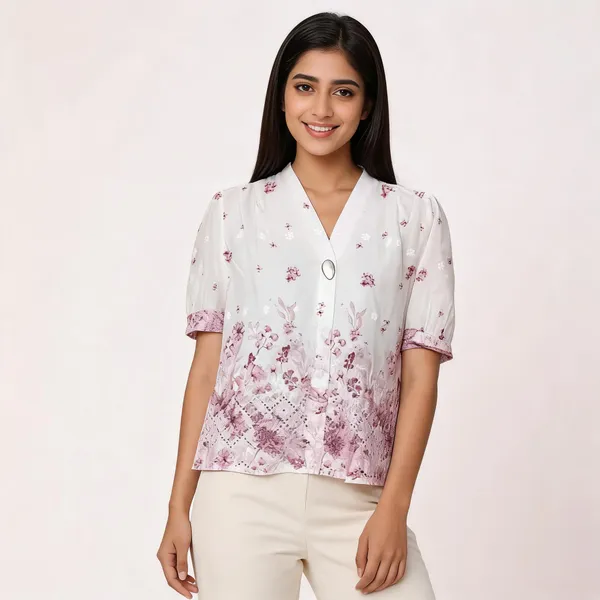 White_Cotton_Floral_Printed_Short_Sleeve_Blouse_For_Women