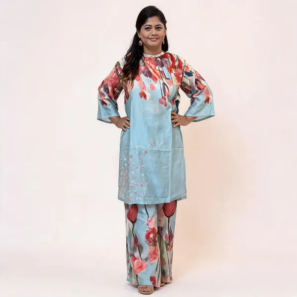 Light_Blue_Mul_Cotton_Floral_Print_Straight_Kurta_Set_For_Women