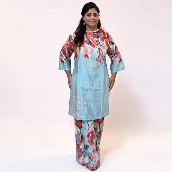 Light_Blue_Mul_Cotton_Floral_Print_Straight_Kurta_Set_For_Women