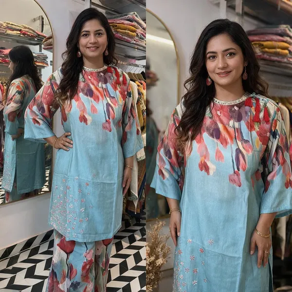 Light_Blue_Mul_Cotton_Floral_Print_Straight_Kurta_Set_For_Women
