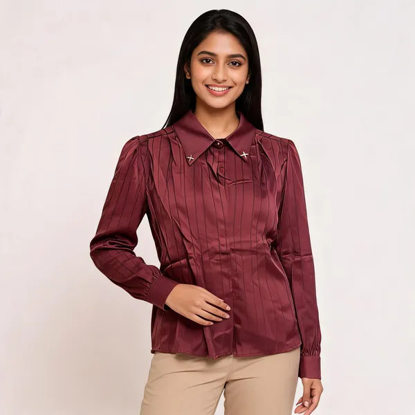 Maroon_Satin_Striped_Full_Sleeve_Shirt_For_Women