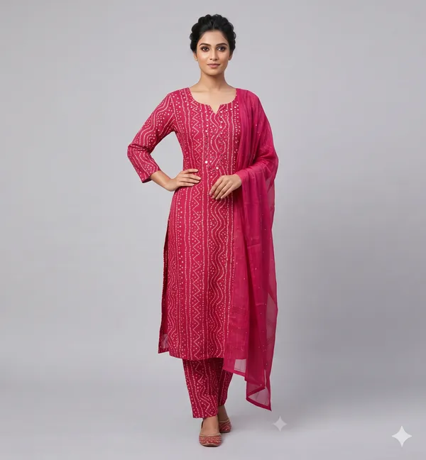 Magenta_Bandhani_Print_Straight_Kurta_with_Pants_&_Dupatta