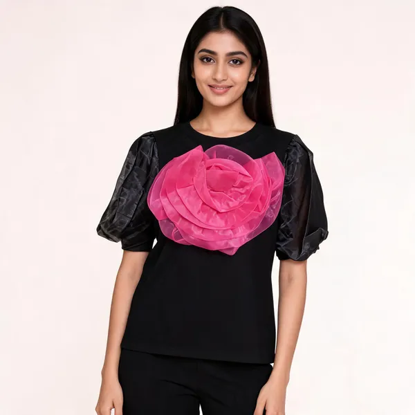 Black_Hosiery_Straight_Floral_Applique_Short_Sleeve_Top_For_Women