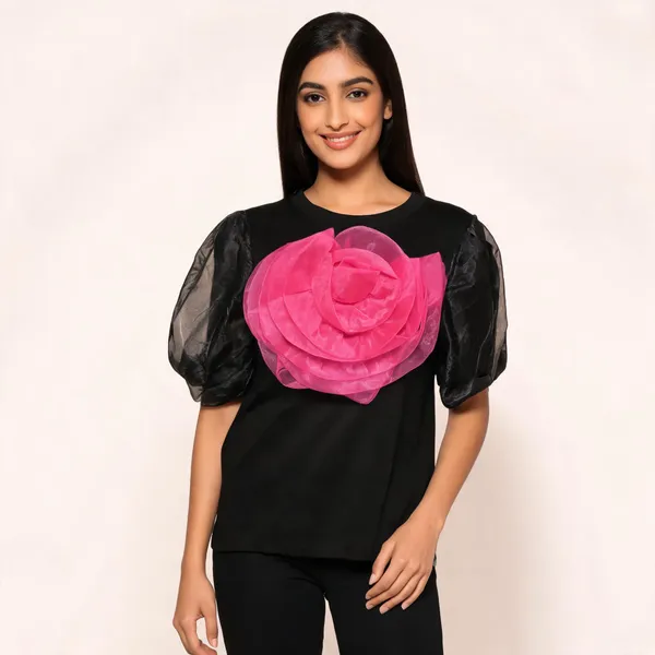 Black_Hosiery_Straight_Floral_Applique_Short_Sleeve_Top_For_Women