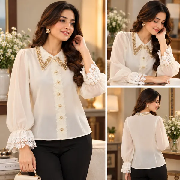 White_Embellished_Button_Down_Shirt_for_Women