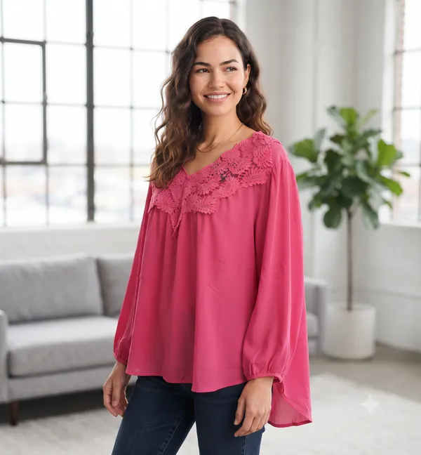 Pink_Lace_Yoke_Loose_Fit_Top_For_Women