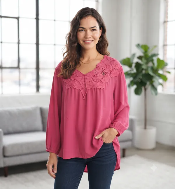 Pink_Lace_Yoke_Loose_Fit_Top_For_Women