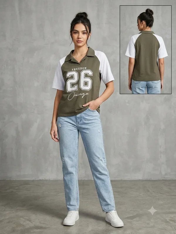 Olive_Contrast_Polo_T-Shirt_for_Women