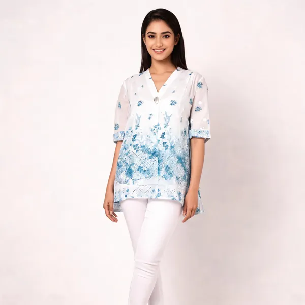 White_Cotton_Floral_Print_Straight_Kurti_For_Women