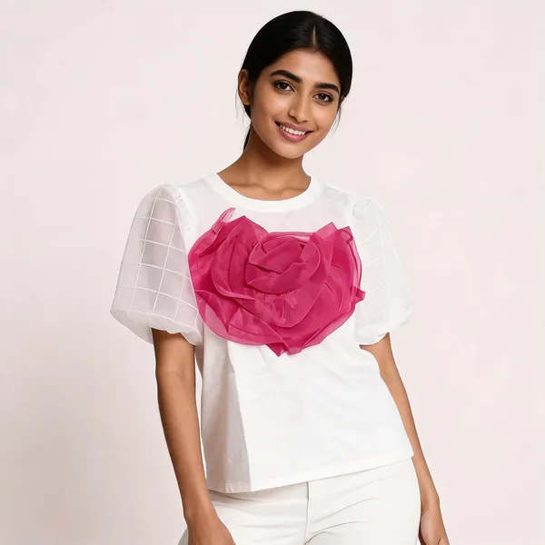 White_Hosiery_Puff_Sleeve_Floral_Applique_Top_For_Women