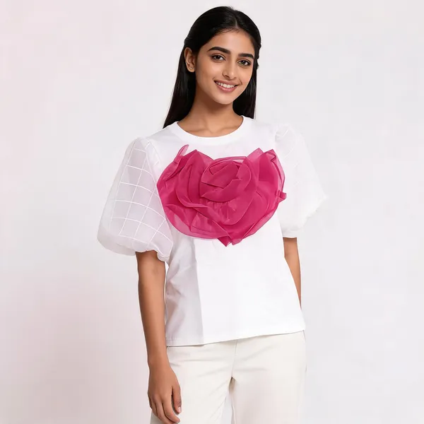 White_Hosiery_Puff_Sleeve_Floral_Applique_Top_For_Women