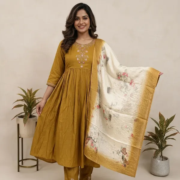 Mustard_Cotton_Blend_Flared_Kurta_Set_For_Women