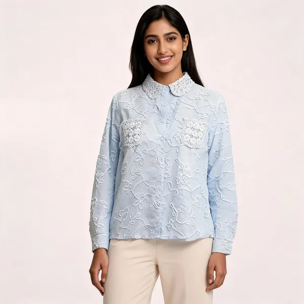 Light_Blue_Lace_Floral_Embroidered_Regular_Fit_Shirt_For_Women