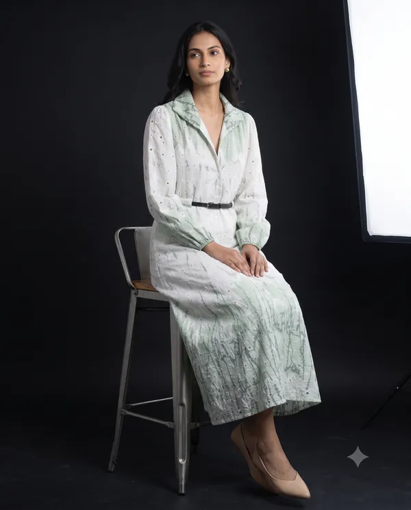 White_Floral_Long_Sleeve_Calf_Length_Dress_for_Women