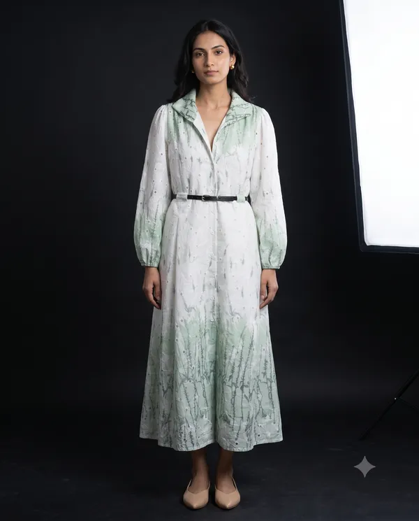White_Floral_Long_Sleeve_Calf_Length_Dress_for_Women