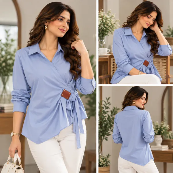 Blue_Long_Sleeve_Tie_Waist_Shirt_for_Women