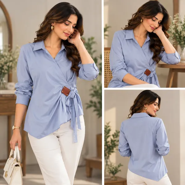 Blue_Long_Sleeve_Tie_Waist_Shirt_for_Women