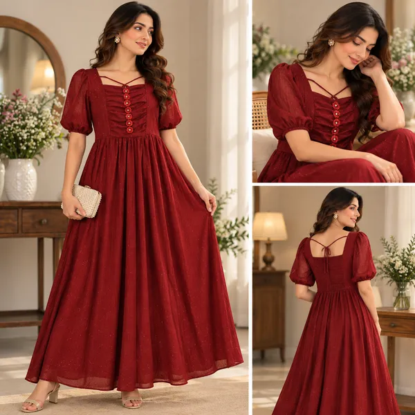 Maroon_Ruched_Puff_Sleeve_Midi_Dress_for_Women