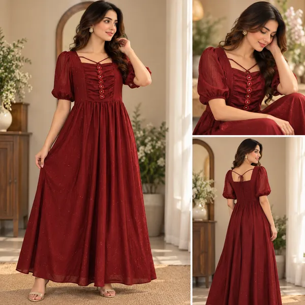 Maroon_Ruched_Puff_Sleeve_Midi_Dress_for_Women