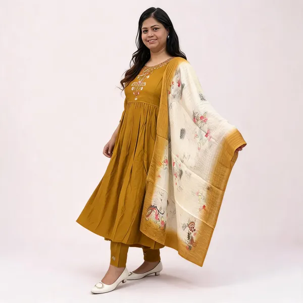 Mustard_Cotton_Blend_Flared_Kurta_Set_For_Women