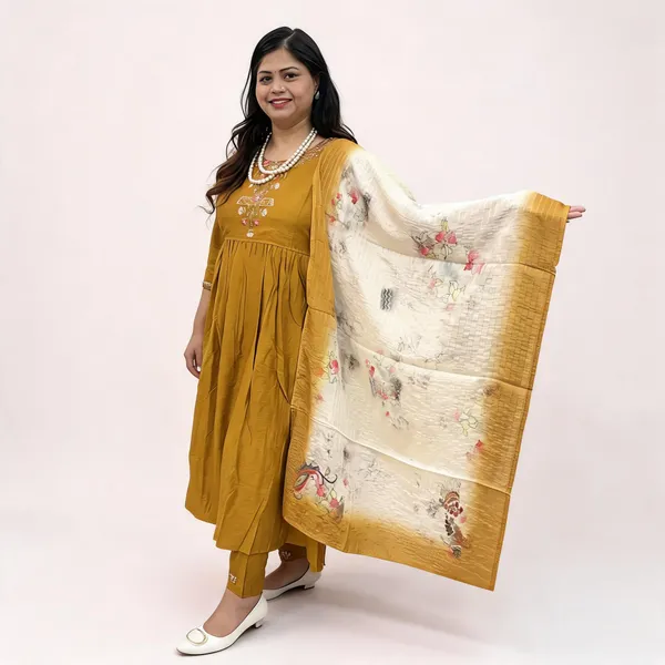 Mustard_Cotton_Blend_Flared_Kurta_Set_For_Women