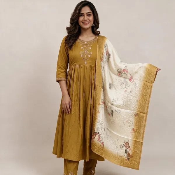 Mustard_Cotton_Blend_Flared_Kurta_Set_For_Women