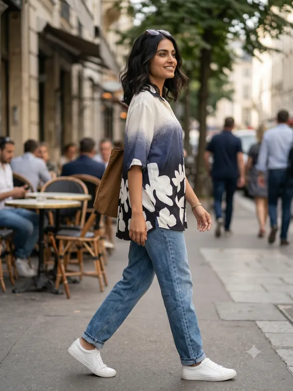 White_And_Navy_Gradient_Floral_Long_top_for_Women