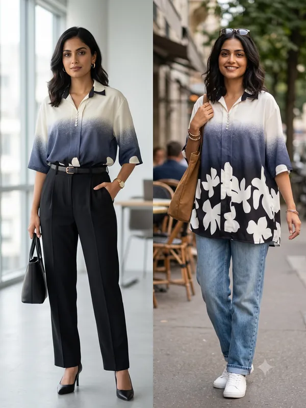 White_And_Navy_Gradient_Floral_Long_top_for_Women