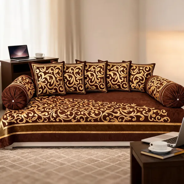 Brown_Traditional_Floral_Print_Diwan_Sofa_Cover_Set