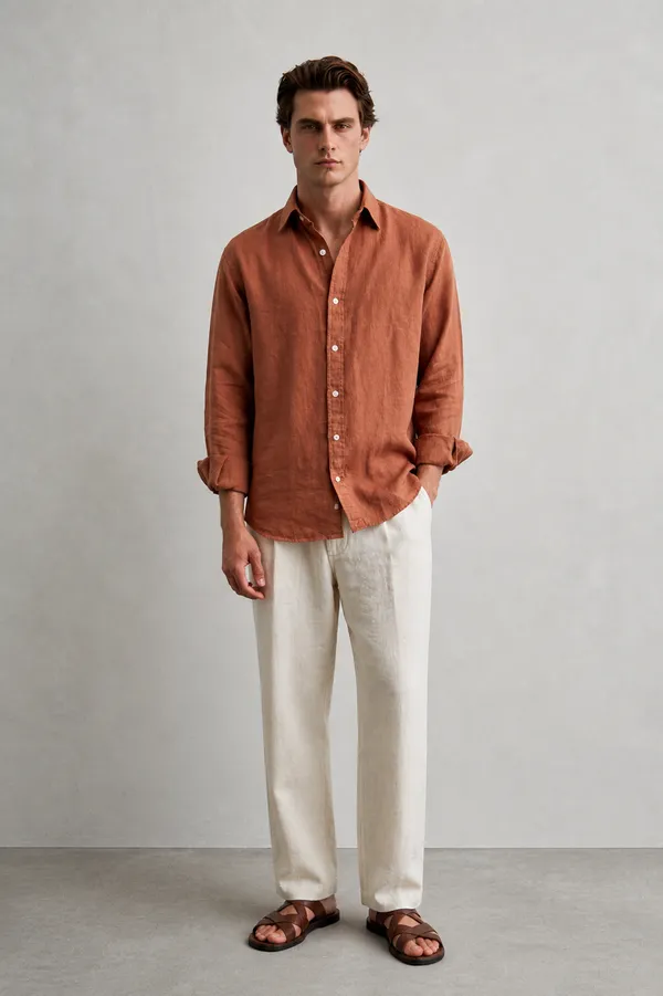 100_Pure_Linen_Brick_Brown_Shirt